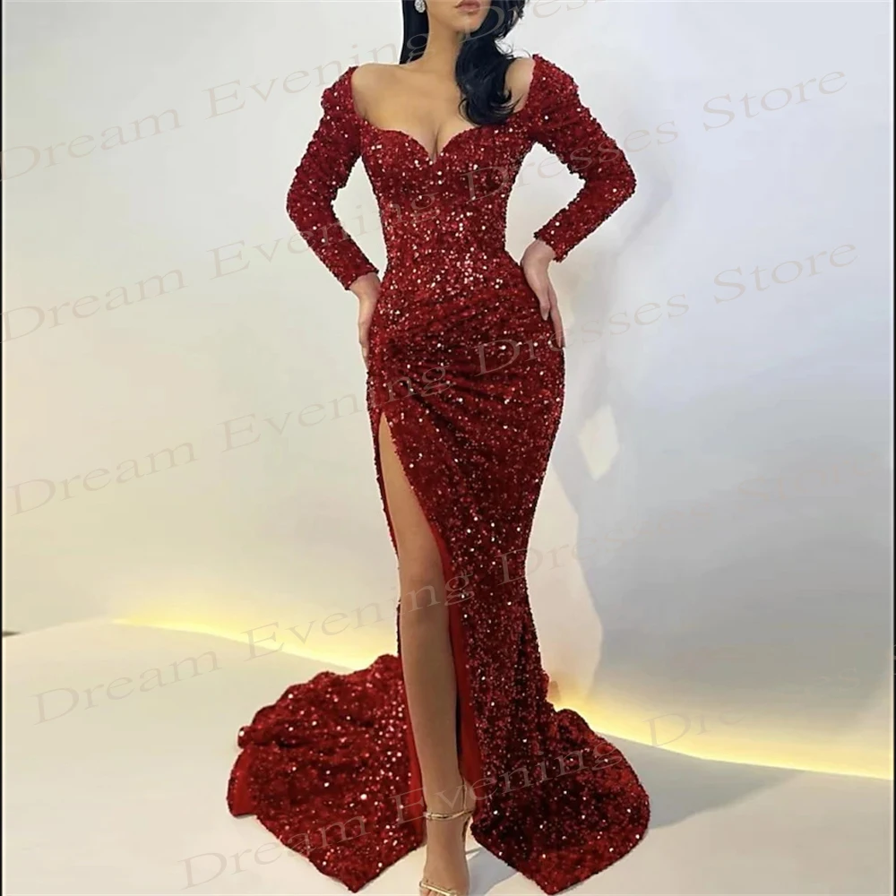 Vestido de noche de sirena con lentejuelas, vestidos de fiesta de manga larga con escote Corazón, abertura lateral, brillante, Sexy