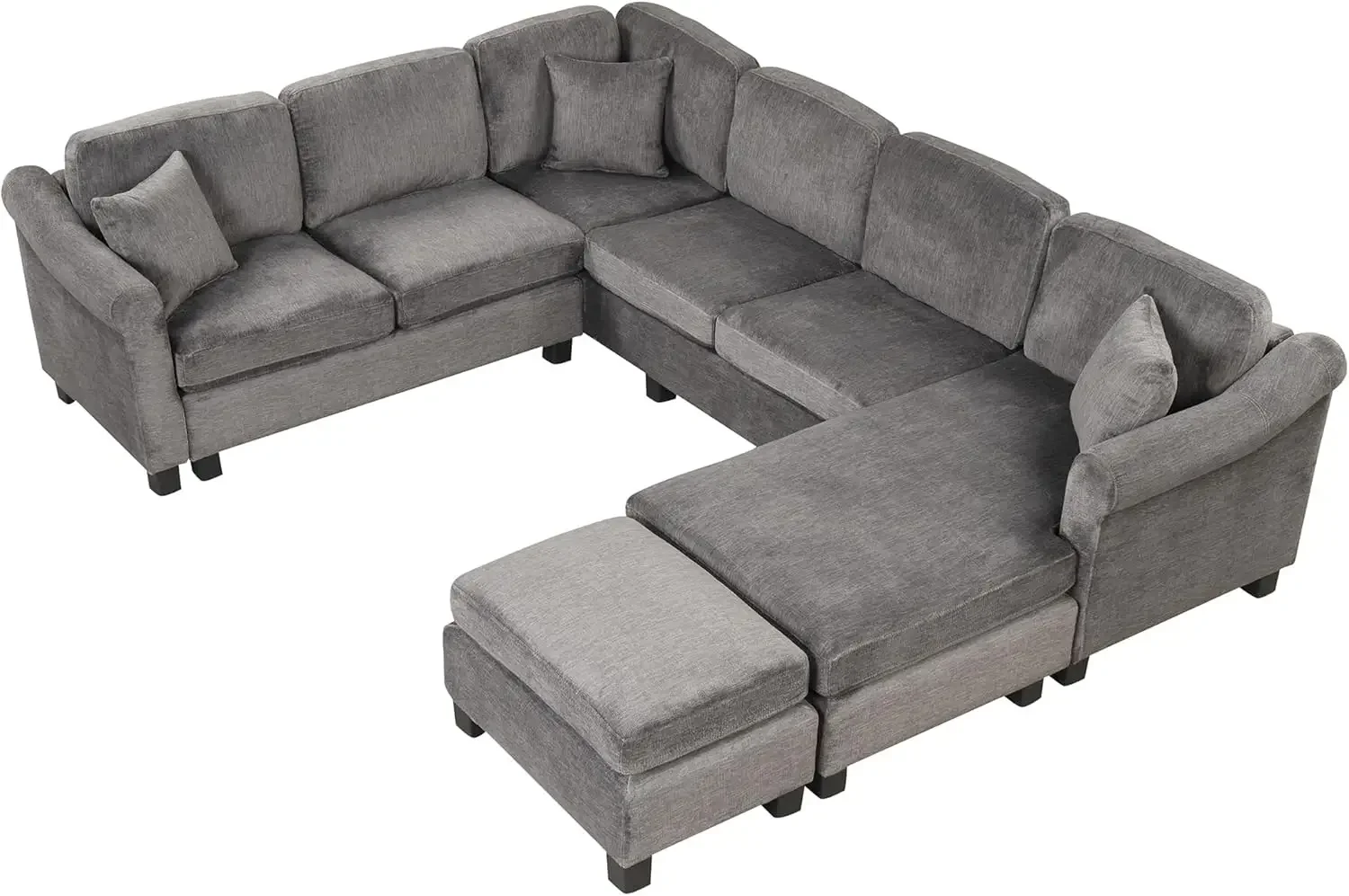 Velvet Sectional Sofa Couch with Movable Ottoman, Elegant U-Shaped Corner Upholstered Sectional Sofa W/ 3 Pillows