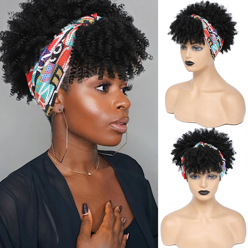 Peruca Curta Afro Cacheada com Faixa, Peruca Cacheada com Lenço e Franja, Peruca Sintética Preta Crespa Cacheada com Faixa para Mulheres Cosplay