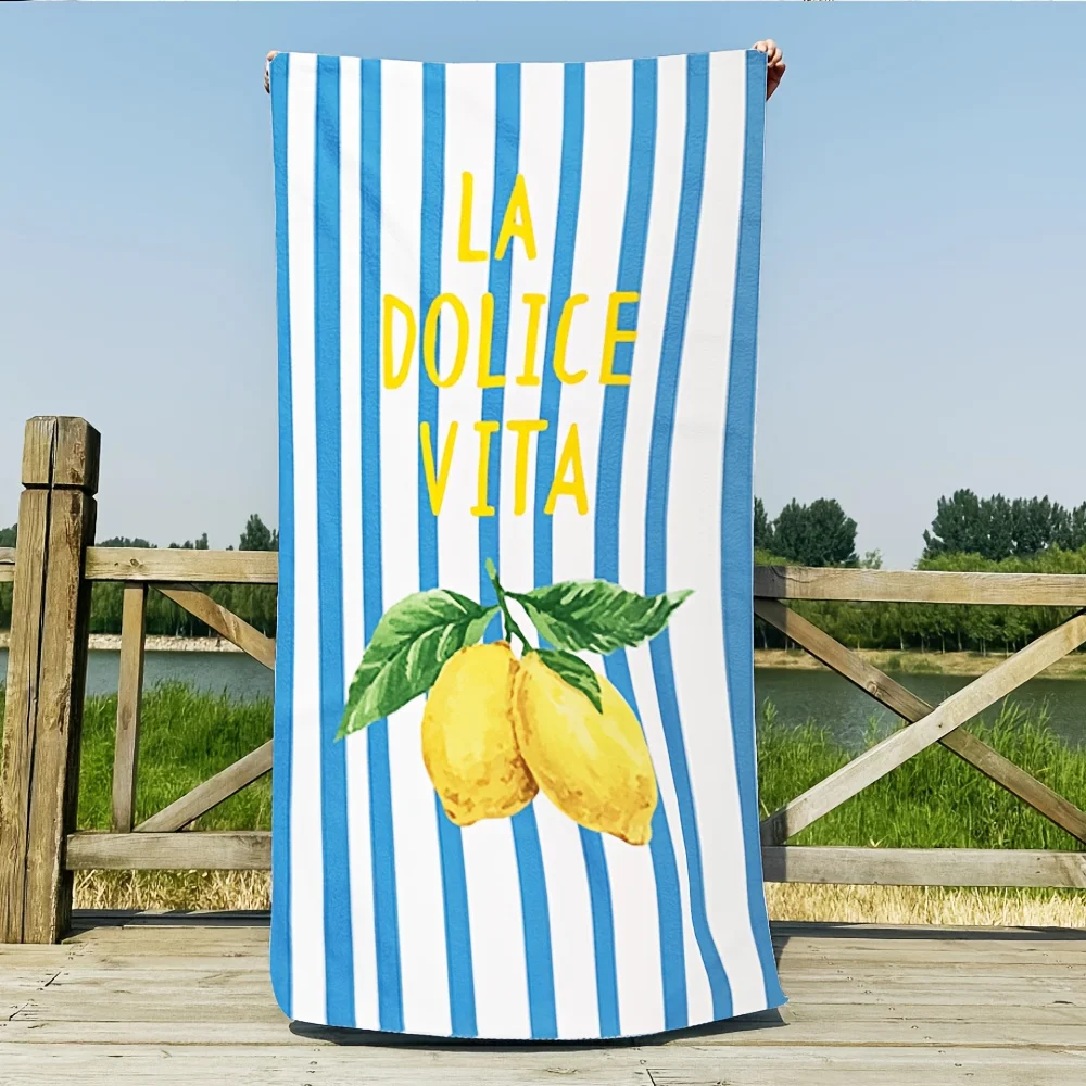 La Dolce Vita Lemon Print Beach Towel Italian Summer Striped Quick Dry Towel for Beach Swimming Pool Travel Camping Gym Uses