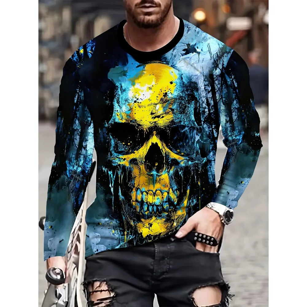 الرجال حجم كبير ثلاثية الأبعاد طباعة كم طويل تي شيرت عادية رياضي سترتش آلة قابل للغسل الجولة الرقبة المتضخم Y2K الشارع الشهير #1