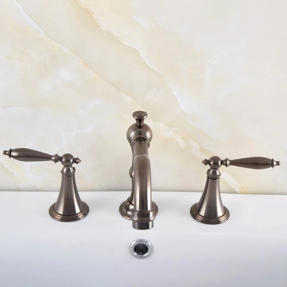 

Коричневый антикварный латунный смеситель для ванны с широким монтажом на бортик, 3 отверстия, с двумя ручками, для ванной комнаты, mnf587