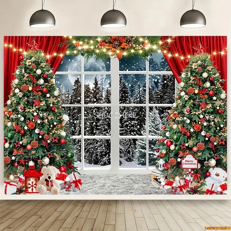 

SHUOZHIKE Christmas Tree Window Wreath Photography Backdrop Living Room Decoration Snowman New Year Background Prop GHH-82