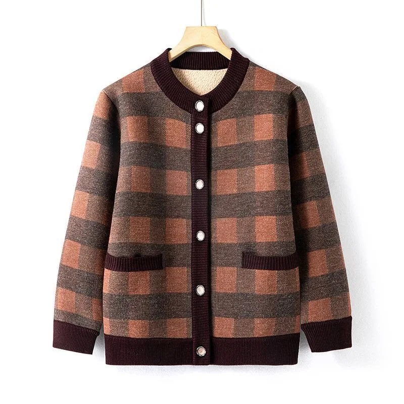 Round Neck Plaid Fleece Lined Knit Cardigan Women Autumn Winter Warm Coat For Elderly Grandmother