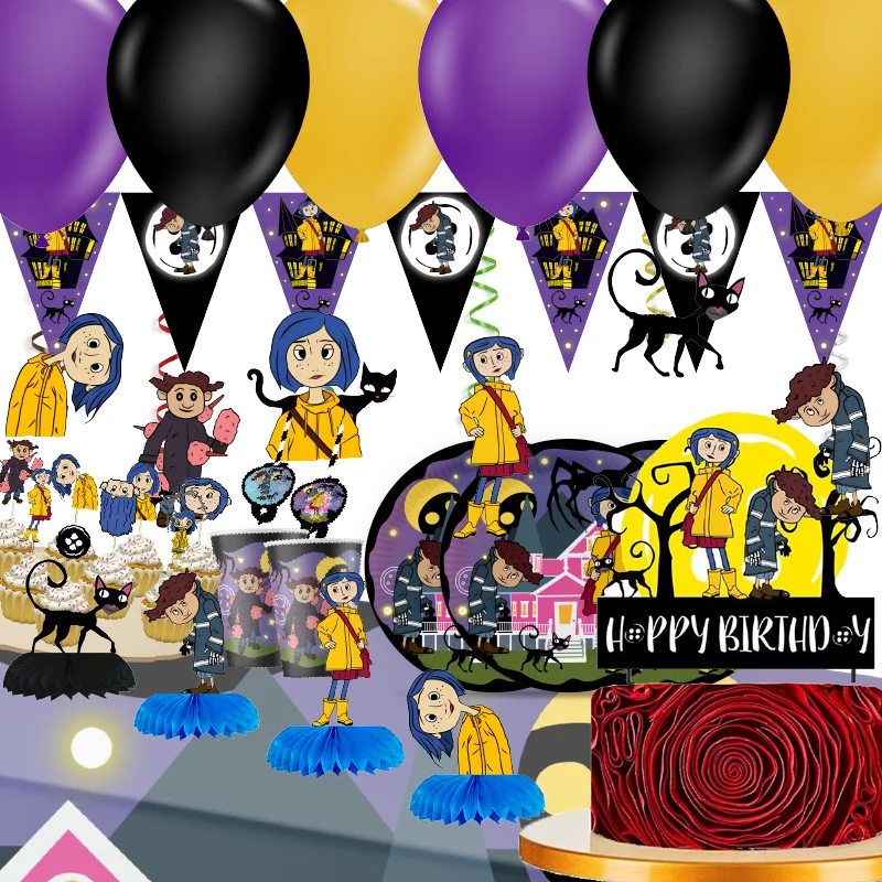 cartoon coraline theme thriller birthday party decoration balloon plate banner backdrop cake supplies banner for baby shower