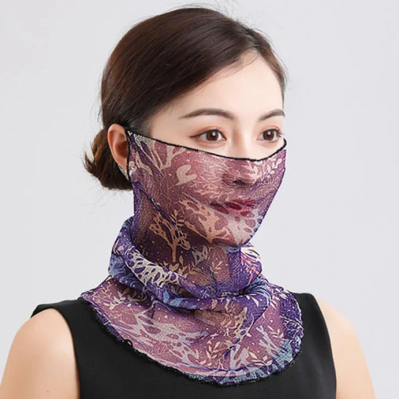 Nieuwe Vrouwen Mesh Fashion Bloemenprint Dames Zijden Sjaal Zomer Kanten Kraag Nek Bewaker Pullover Zonnebrandcrème Sjaals Masker