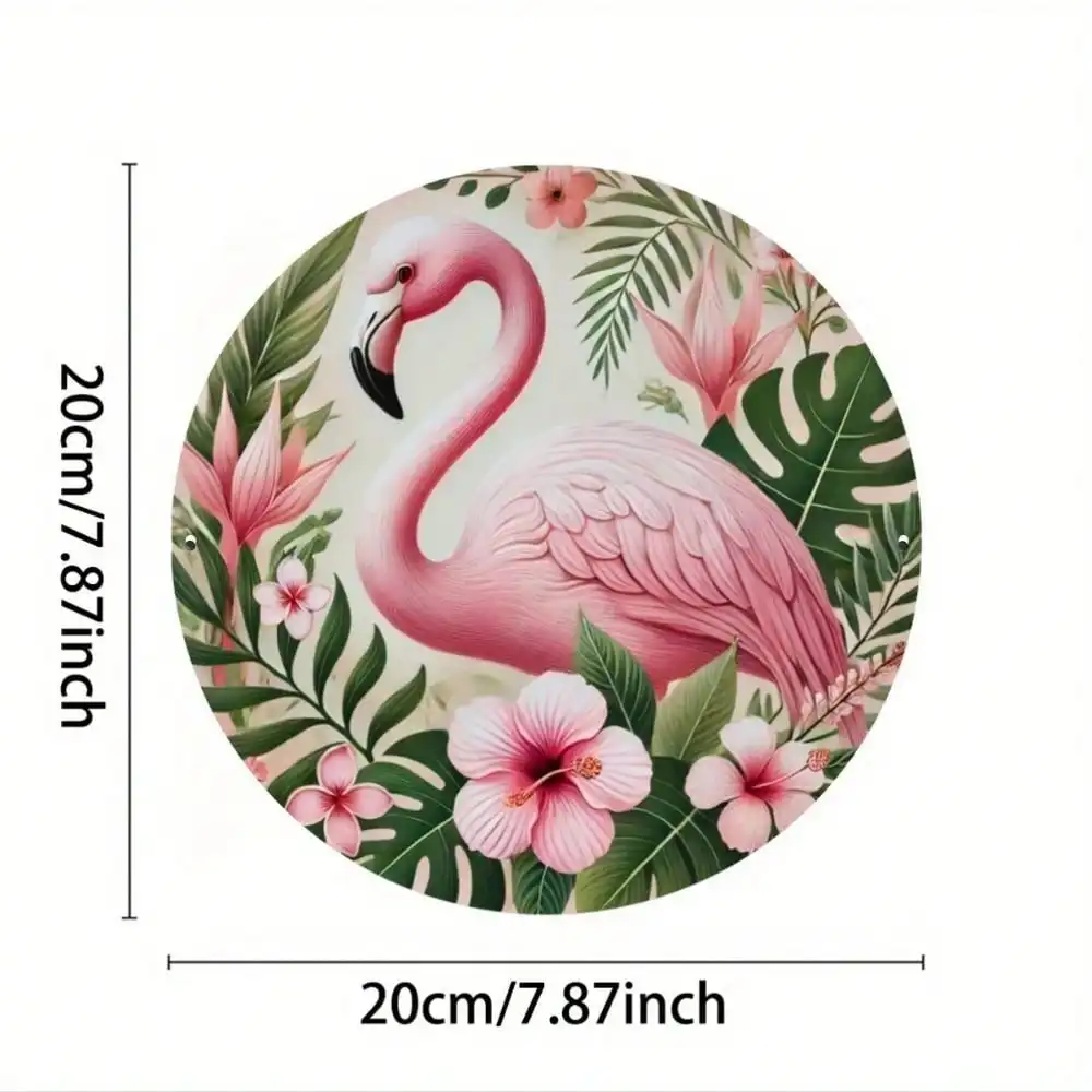 2D Flat High Definition Metal Wall Art Tropical Jungle Pink Flamingo with Hibiscus and Palm Leaves Metal Sign Botanical Safari A