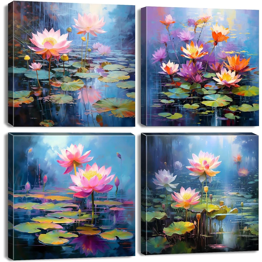 

Mosaic Watercolor Lotus full Diamond painting cross stitch Blossoms in Water 4 pcs Bathroom Decoration Pink and Purple Flowers