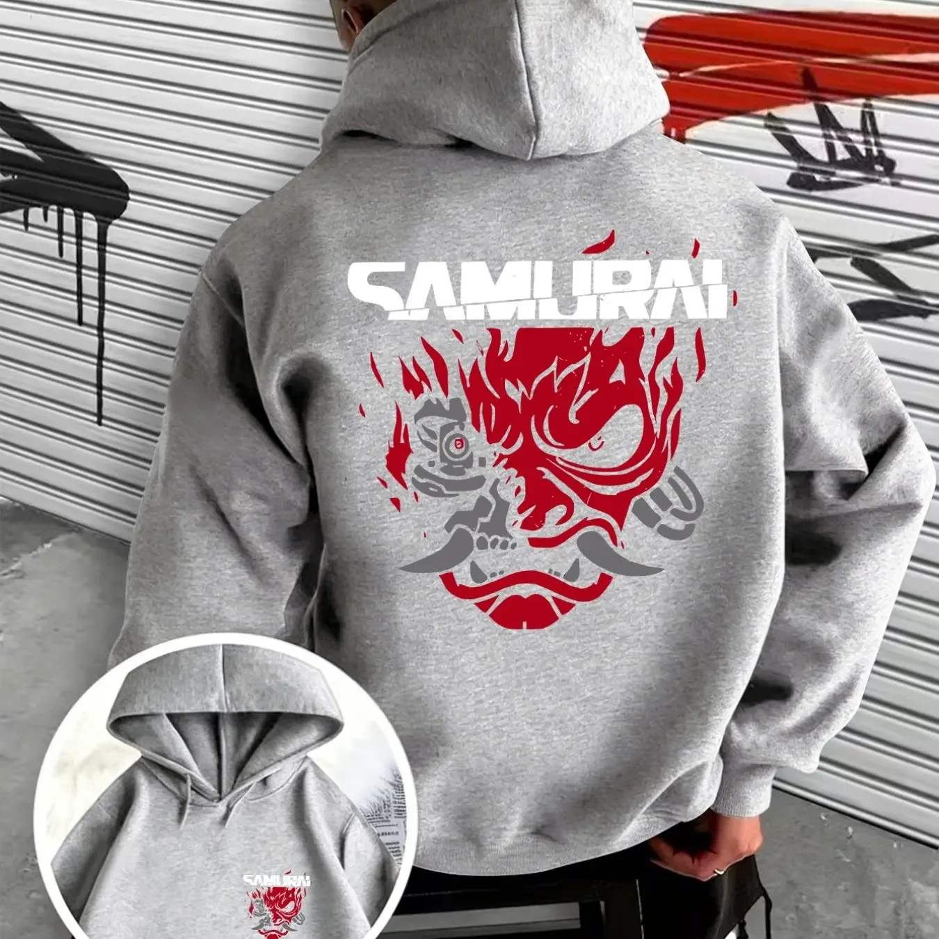 Coole Cyberpunk-Krieger-Dämonenmaske-Aufdruck Herren-Kapuzenpullover für Herbst/Winter, Alltag, Outdoor-Sport, Locker Geschnitten, Fitness – Detail 6