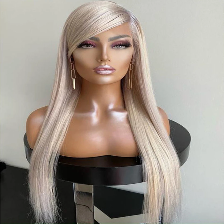 Weiche vorgezupfte aschblonde 13x4 Lace-Front-Perücke, 76,2 cm, 180 Dichte, gerade, synthetisch, mit Babyhaar, leimlose Perücken für den täglichen Gebrauch