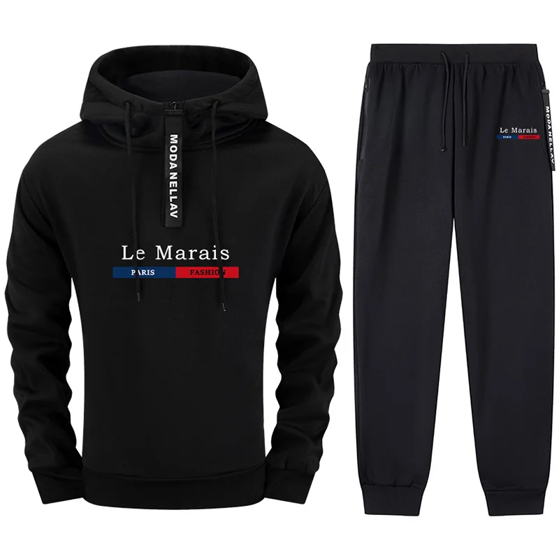 

2025 New Fashion Men's Tracksuit Zipper Hoodie + Sweatpants Street Style Paris Print Sportswear Autumn Winter Casual Warm Outfit