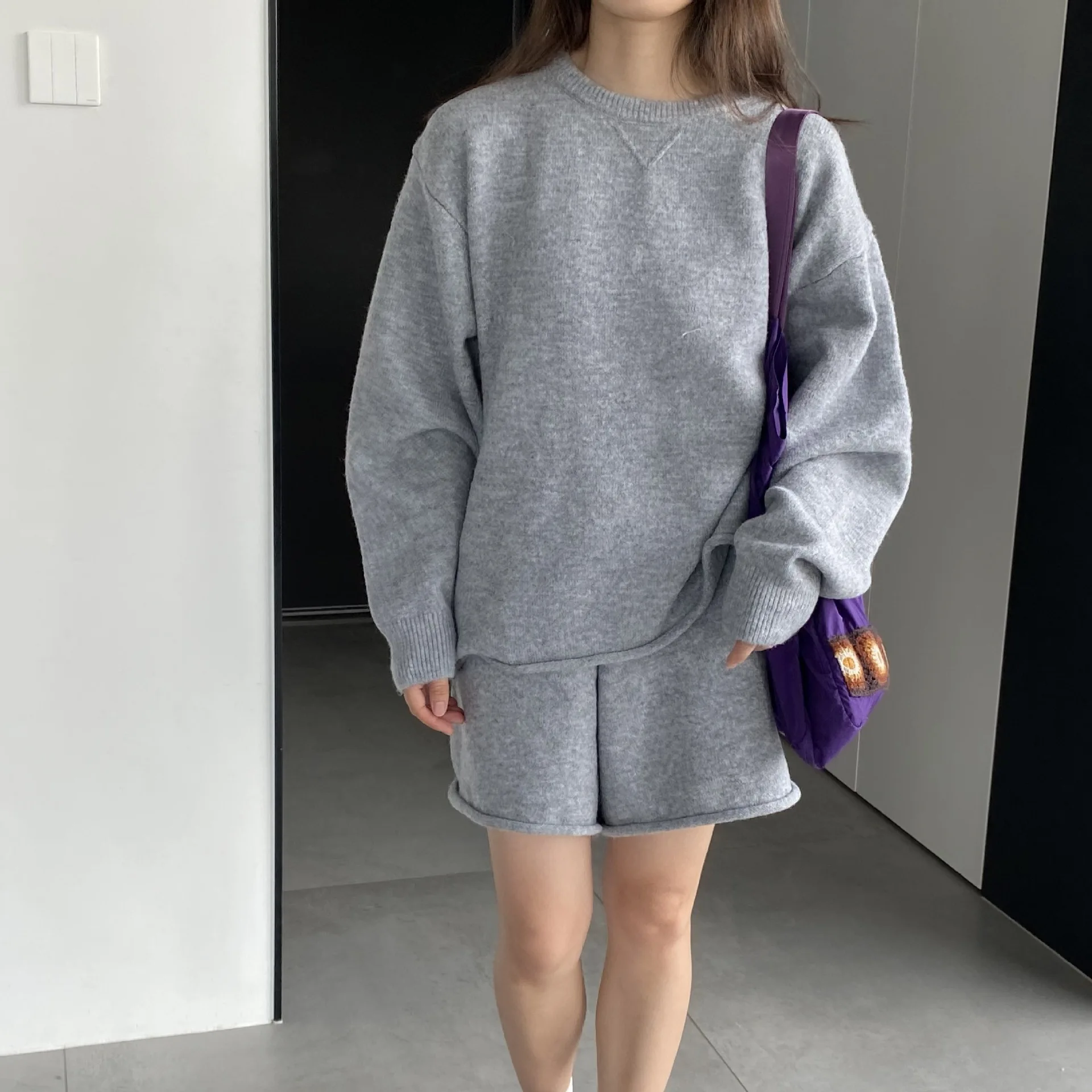 Solid Color Simple Shorts + Pullover Sweater Women Suit Loose Knitting Top And Drawstring Shorts Set Fall Winter Female Outfits