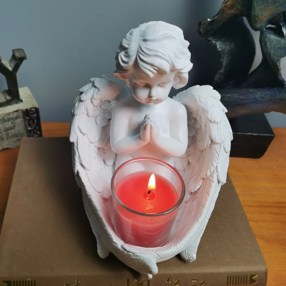 Retro Angel Candlestick Ornaments Resin Baby Prayer Angel Statue Candle Holder Crafts Ornaments Living Room Home Desktop Decor