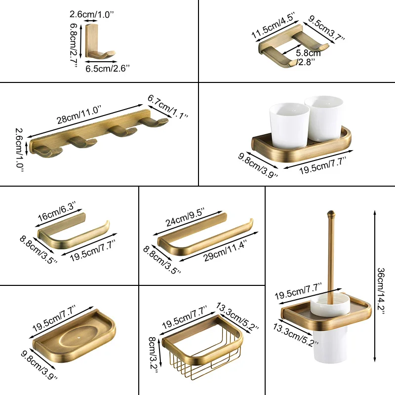 Antique brass plated wall mounted towel rack, bathroom hardware pendant set, tissue holder, coat hook, mouthwash cup ELA85A