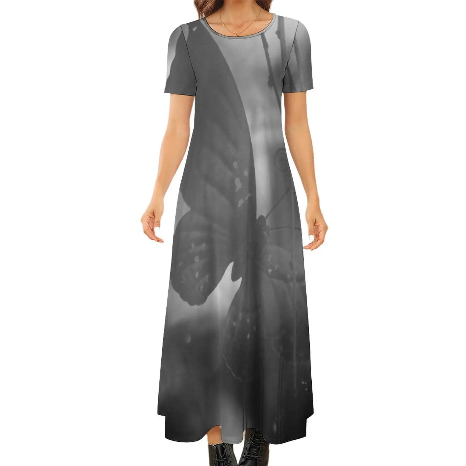 

Grey Butterfly in Rain Round Neck Short Sleeve Dress dress women elegant luxury evening dresses women