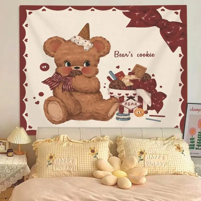 VIKAMA Red and White Grid Cake Bear Tapestry American Teddy Bear Background Cloth ins Dormitory Decoration Tapestry Room Decor