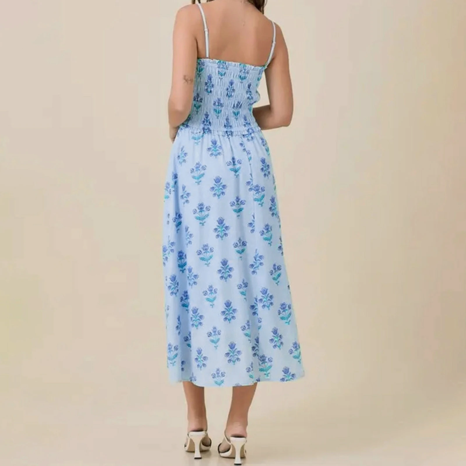 Abito da donna con cinturino per spaghetti Elegante abito lungo senza maniche smock con stampa floreale con volant per la primavera e l'estate