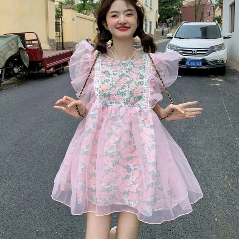 Korean Fashion Princess Dresses Women Floral Print Mesh Ruffles Puff Sleeve Mini Dress Korean Girls Lovely Party Kawaii Clothes