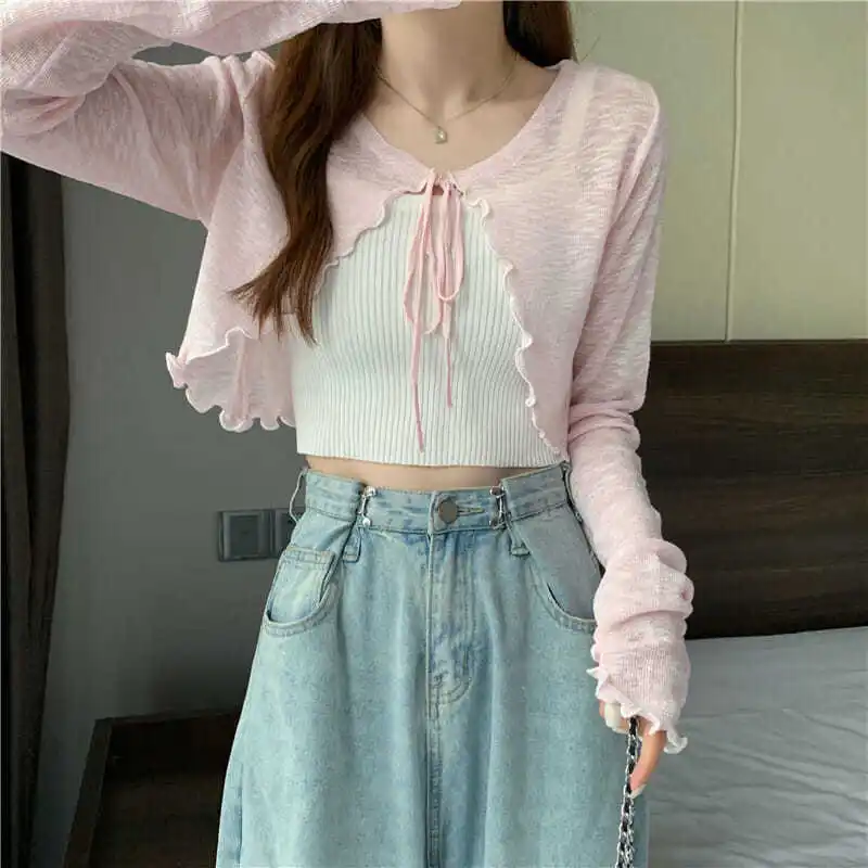 KOSAHIKI Women Thin Coat Casual Bow Summer Sun Protection Clothes Female Cardigan Shirt Lolita Covers Tops Blouse Woman Blusa