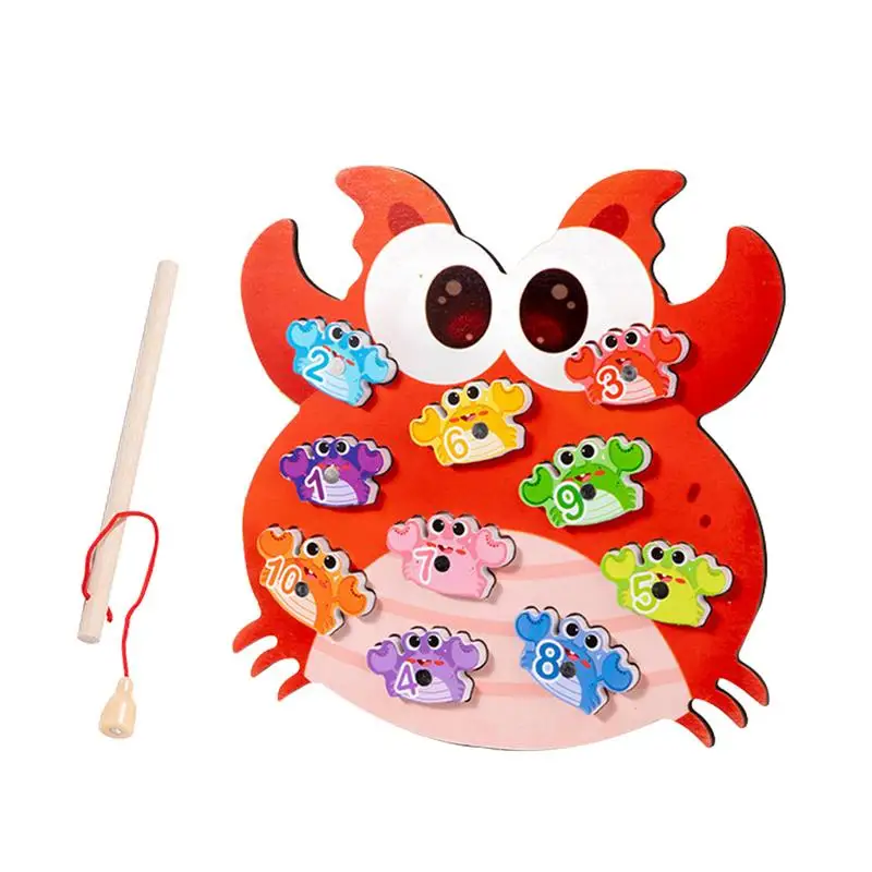 Montessori Wooden Magnetic Fishing Toys Baby Cartoon Crab Games Education Parent-Child Interactive