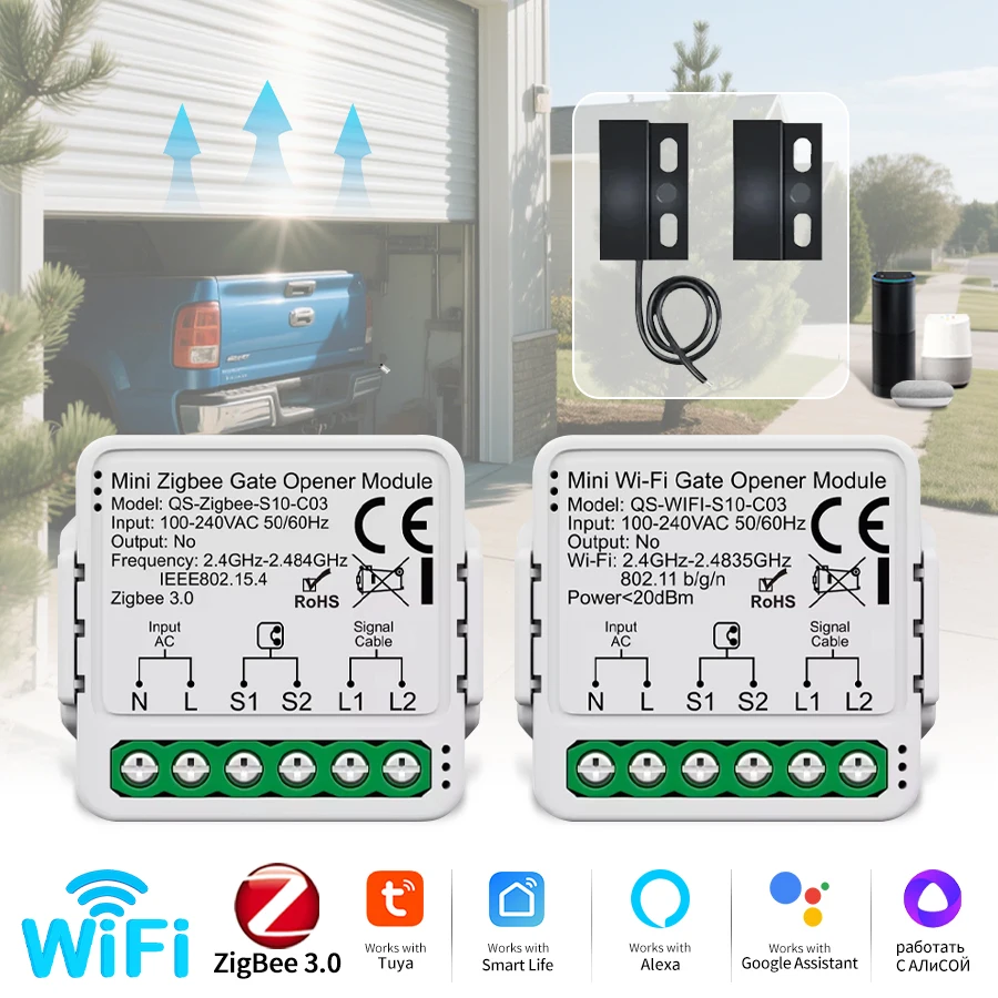 

Tuya WiFi Smart Garage Door Switch AC 100-240V Zigbee Mini Gate Opener Module APP Connection and Timing Alexa Voice Control