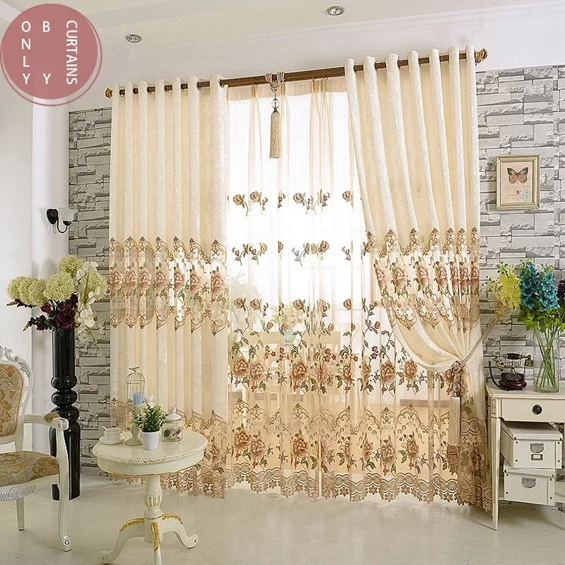 European Pastoral Living Room Water Soluble Embroidered Curtains for Living Room Bedroom Study Semi-blackout Curtains Custom