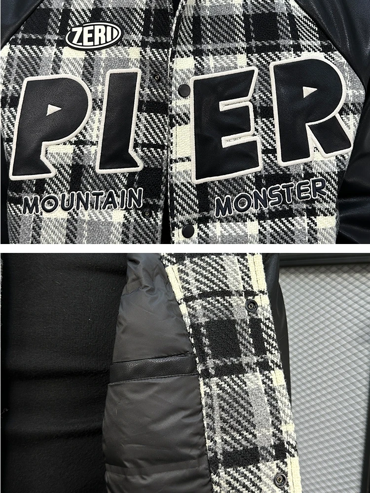 IT  Men's Quilted Jacket with Collar Patchwork Lettering Short Thickened Baseball Collar Winter Fashion Outerwear