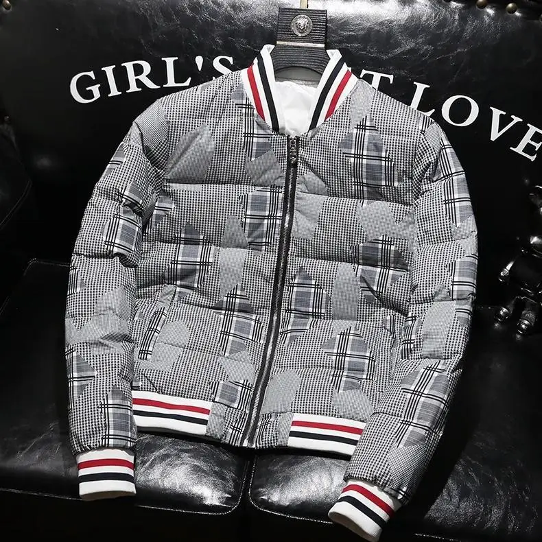 

Trendy men's baseball collar down jacket winter casual versatile classic plaid warm white duck down jacket men