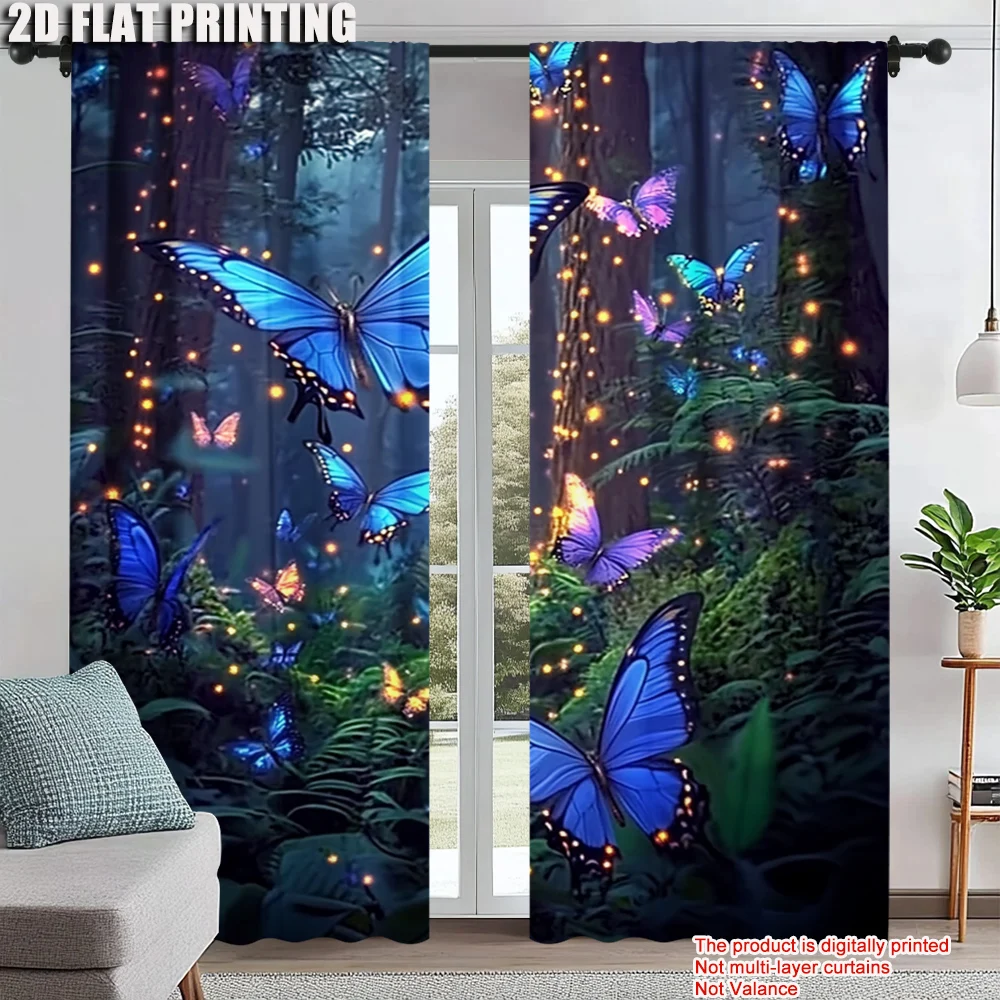 

2Pcs Butterfly Forest Prints Window Curtain Rod Pocket Window Treatments For Bedroom Living Room Dormitory Office Home