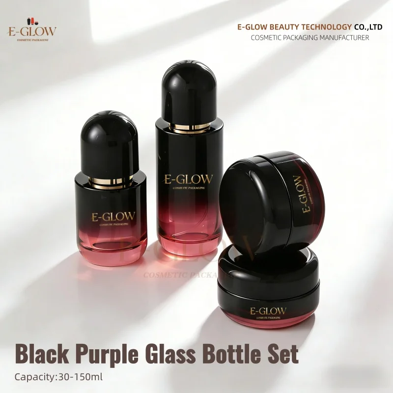

【Нанесение логотипа】1 шт. Индивидуальный черно-фиолетовый стеклянный косметический набор: баночка для крема для лица 50 г, флакон для лосьона/спрея 100 мл с трафаретной печатью