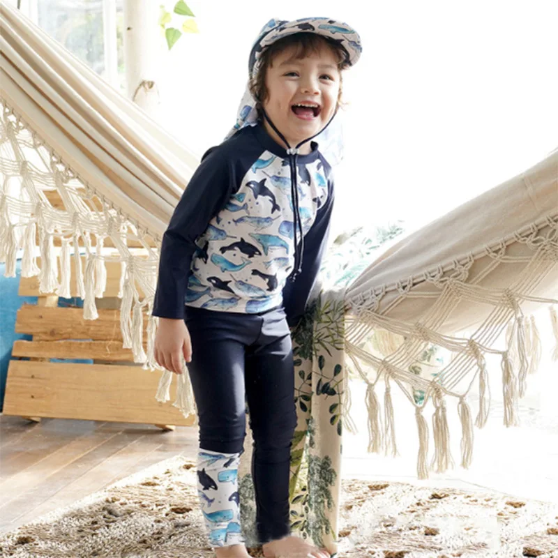 Boys Two-piece Swimsuit + Sun Hat Kids Cartoon Whale Print Sun-protective Long Sleeve Surfing Bathing Suit Baby Swimwear