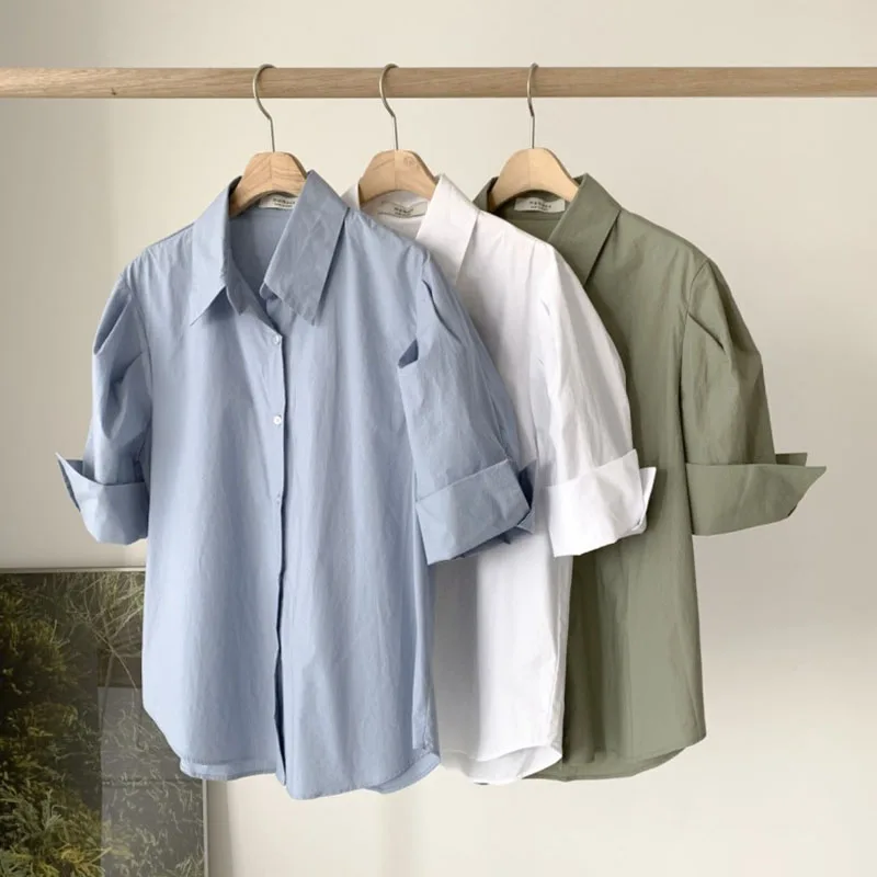 2025 Summer Korean Woman Clothing White Basic Shirts For Women Short Sleeve Turn Down Collar Blouses Casual Button Tops Mujer