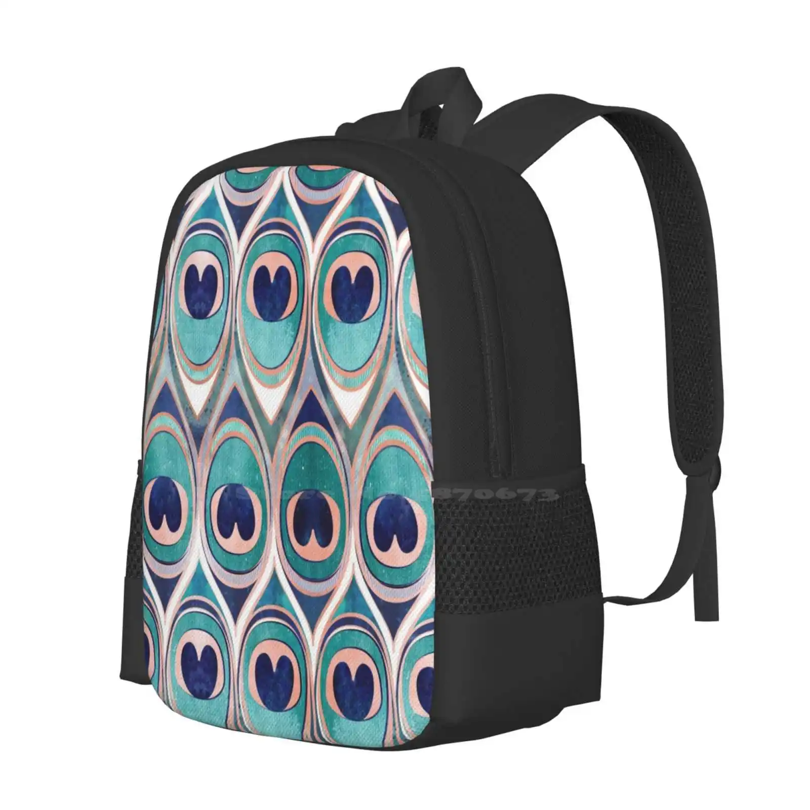 Peacock Feathers Eye / / Teal Blue And Metal Coral Rose Large Capacity School Backpack Laptop Bags Feathers Illustration Animal