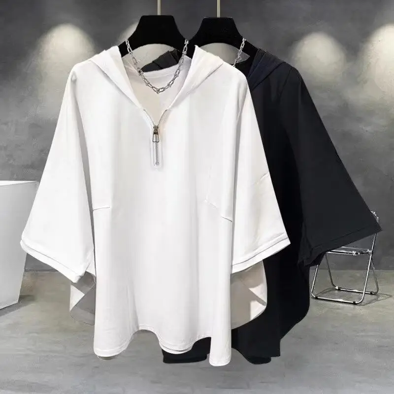 

Men's Clothing Hooded Loose Zipper Patchwork Tops Summer New Solid Simplicity Plus Size Lazy Style T Shirts Fashion Casual