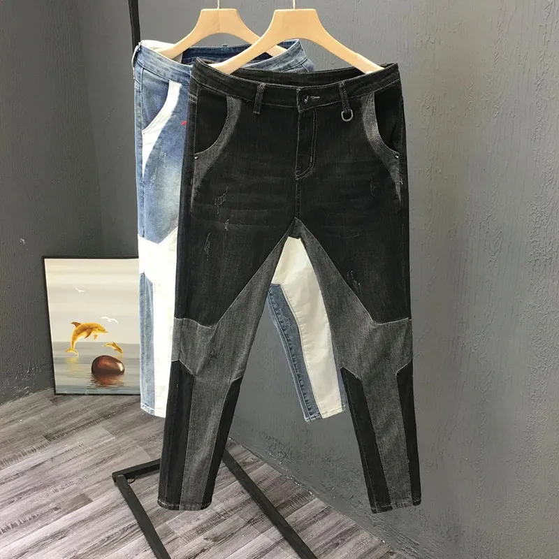 Jeans slim pour hommes, pantalons d'épissage de personnalité, pantalons de printemps et d'été, pantalons de rue coréens, vêtements pour hommes, beau, nouveau, 2024