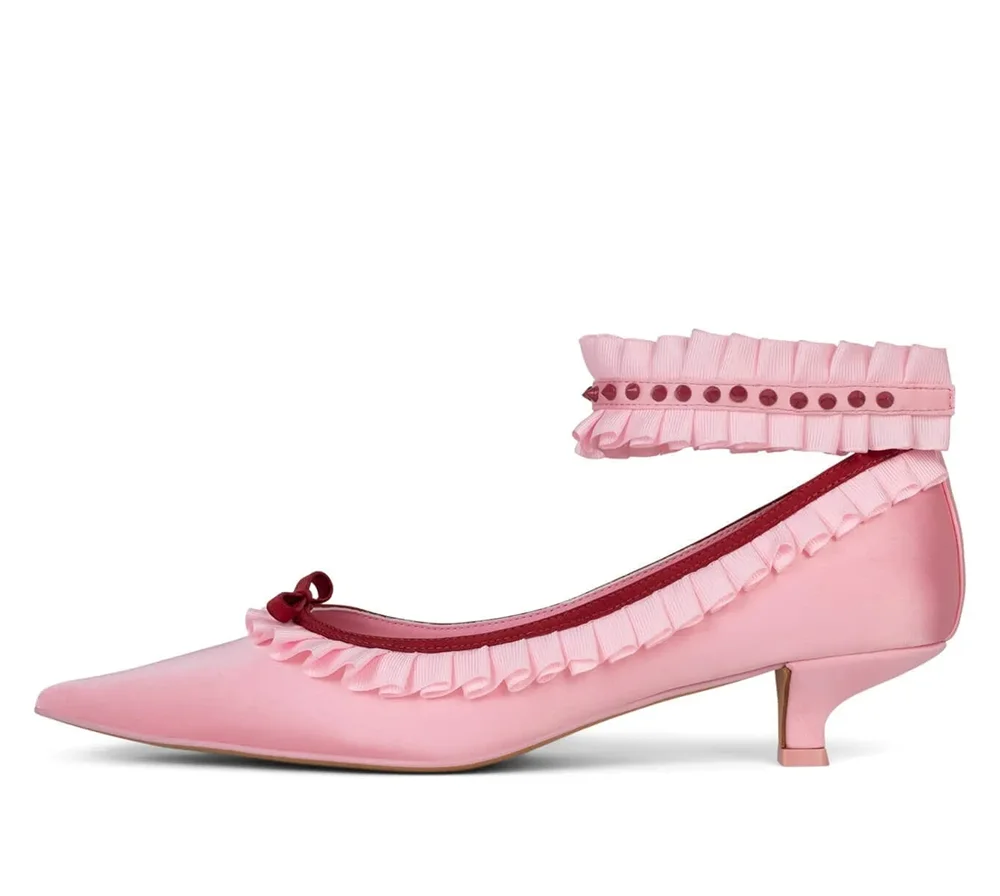 Soft Playful Style Blush Satin Pointed Toe Heels Ruffled Trim Red Gemstone Detail Sweet Elegant Ankle Strap Low Heels Shoes view 4
