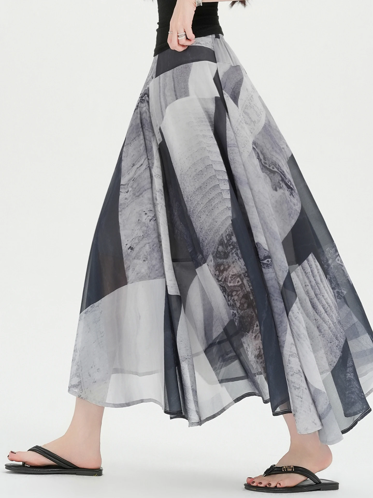 

Artistic Geometric Print Half Skirt Women's Summer Asymmetrical Flared Elastic Waist Long Skirt Korean Style Soft Comfortable