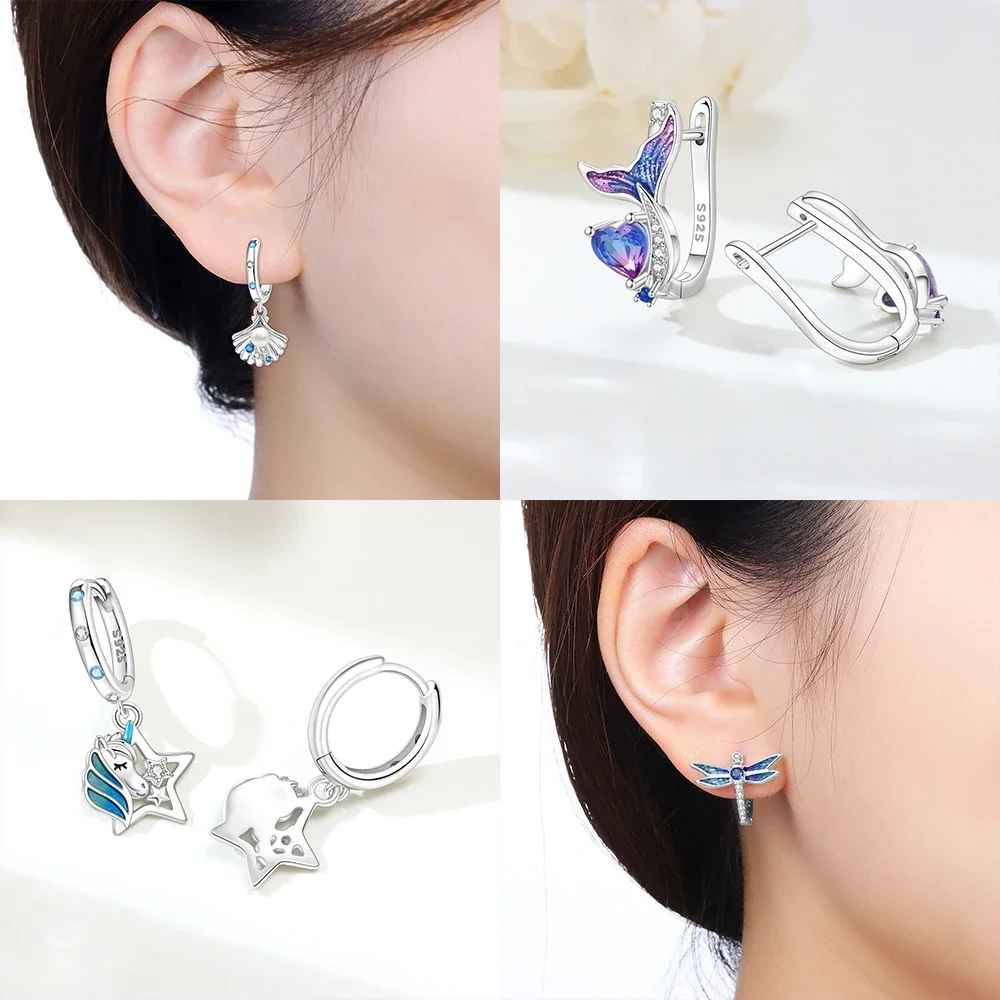 

Оригинальные серьги из серебра 925, синего цвета с единорогом, фиолетовые серьги с рыбьим хвостом, синие серьги-стрекозы с жемчугом и ракушками, подарки, ювелирные изделия, женские аксессуары