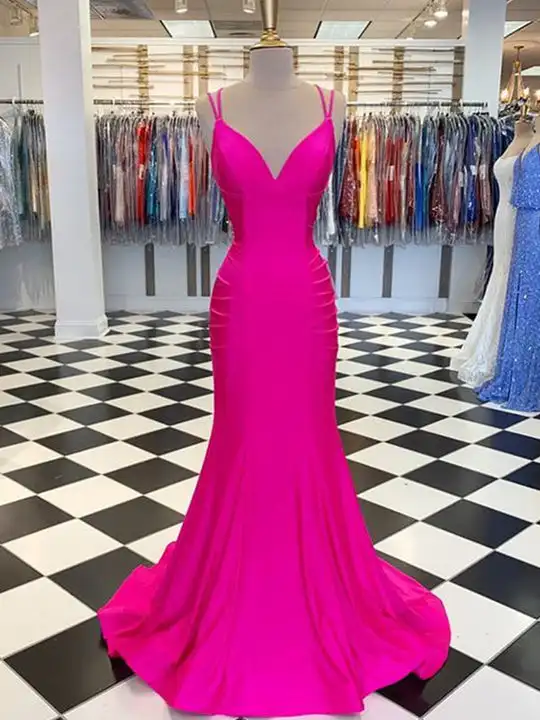 Vestidos de Noche rosas elegantes, Vestido largo de sirena con cuello en V, tirantes finos, tren de barrido, sin espalda, Formal, fiesta de graduación, hecho a medida, 2023