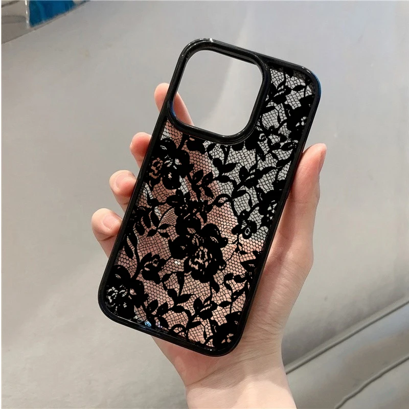 Elegant Sexy Black Lace Flower Clear Case for Samsung Galaxy S26 S25 Ultra S24 Plus S23 FE A37 A36 A27 A26 A57 A56 A16 A06 Cover