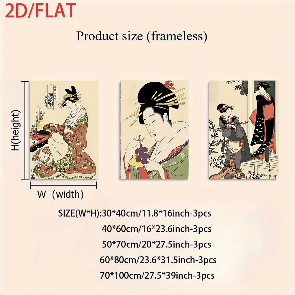 Multiple sizes 3pc frameless Canvas Painting 1 Set Ukiyo-e triptych frameless Wall Art, Japanese Traditional Beauty for Living R