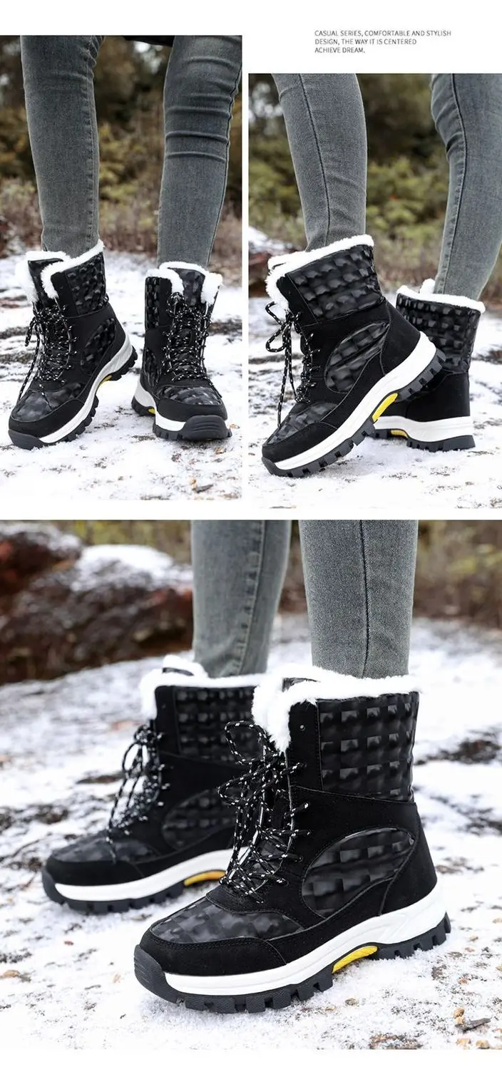 أحذية نسائية شتوية من الكشمير لعام 2025 مصنوعة من القطن الحراري السميك -40 أحذية ثلج بيضاء عالية الجودة للسفر