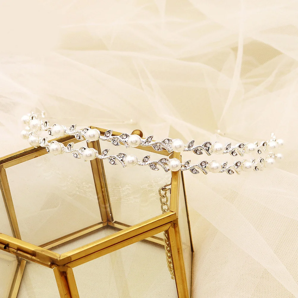 

Pearl Headband Bridal Double Layer Rhinestone Leaf Wedding Hair Accessories For Bride Bridesmaid Women Girls Shining Hair