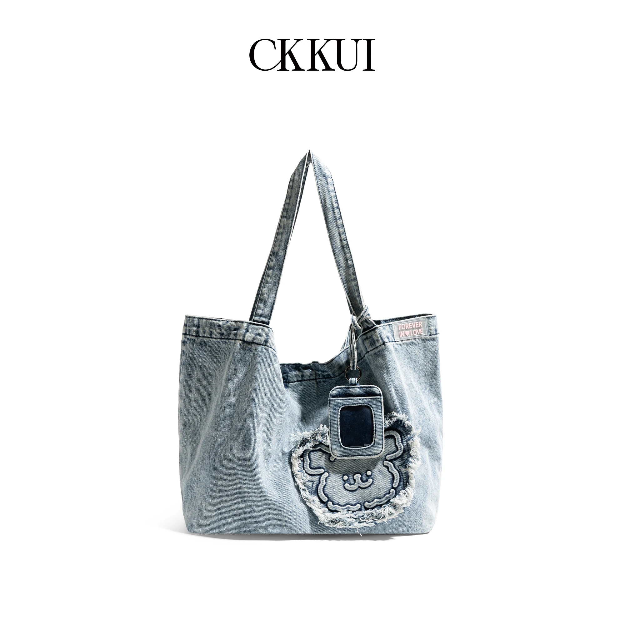 CKKUI Vintage High Quality Portable Light Blue Denim Tote Bag Women's Shoulder Handbag Fashion Daily Commute Shopping Outdoor