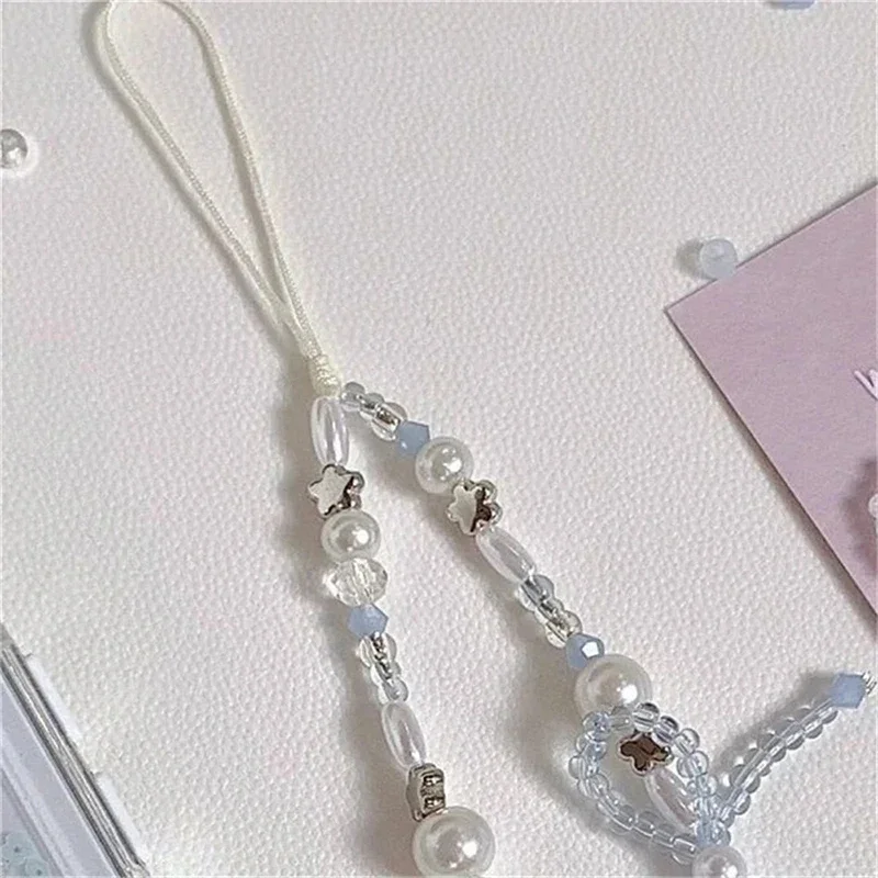 Korean Cute Bowknot Star Pearl Pendant Beaded Phone Charm For iPhone Accessrioes Universal Lanyard Girl Jewelry Hanging Rope