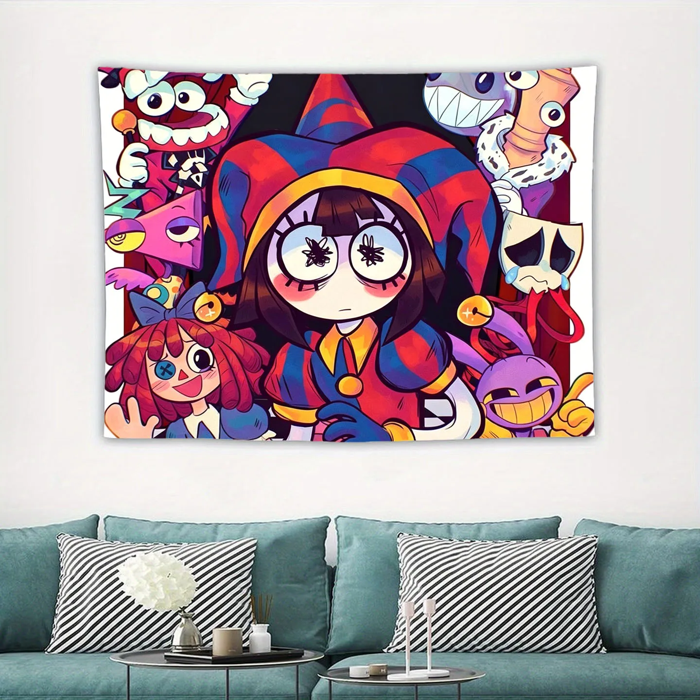 A-Amazing D-Digital C-Circus Tapestry, Pomni Ragatha Jax Full Characters Print Wall Hanging, Anime Cartoon Tapestry for Teens