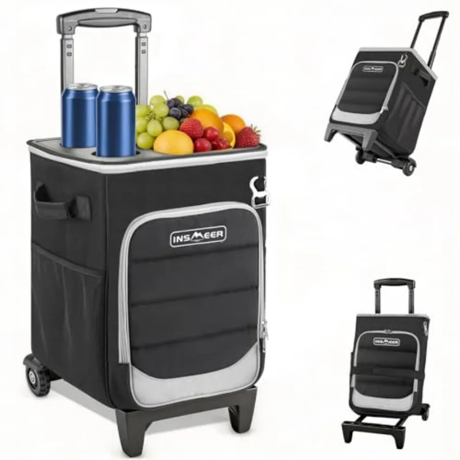 

2-in-1 Rolling Cooler with Wheels 60 Cans Collapsible Soft Sided Cooler on Wheels Hard Top with 2 Cup Holders Insulated 100% Le