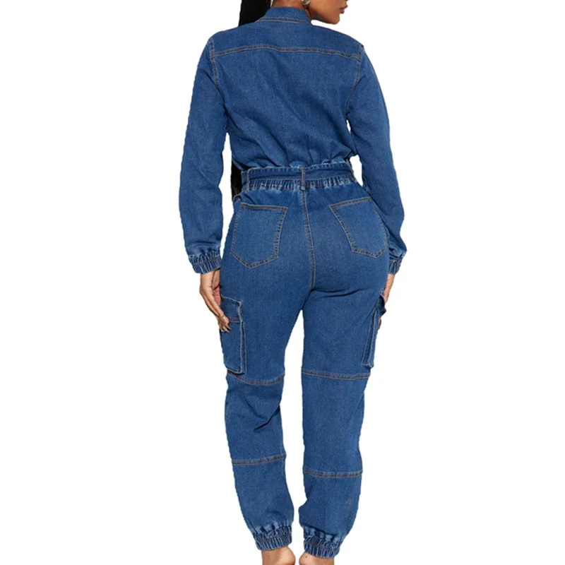 Long Sleeve Multi Pockets Elastic Waist Belt Cargo Jeans Overalls Denim Jumpsuit Women Loose Enterizos Para Mujer Streetwears