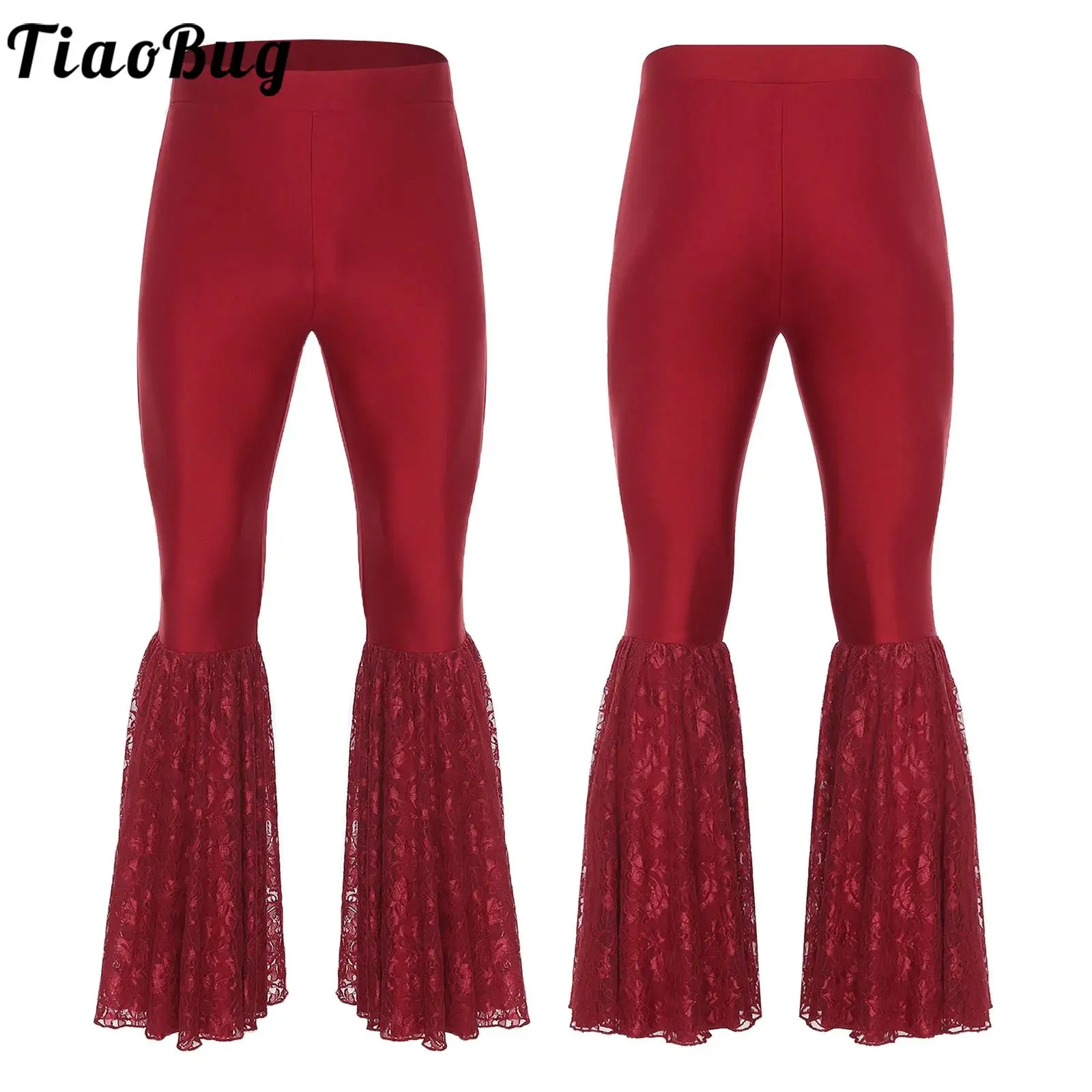

Men Disco Pants Jazz Latin Tango Ballroom Dance Costume Lace Patchwork Bell-Bottom Flared Long Pants Elastic Waistband Trousers
