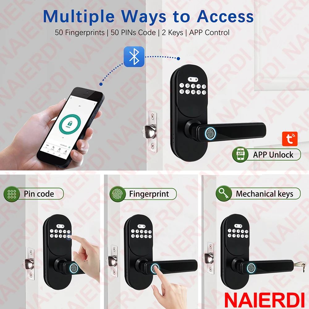 NAIERDI Security Digital Door Lock Tuya APP Bluetooth Fingerprint Smart Door Lock with Handle & Keypad for Hotel Office Home